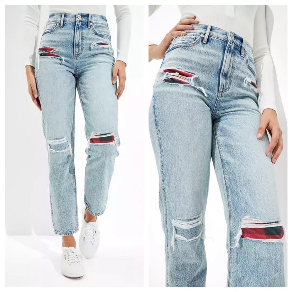 AMERICAN EAGLE Highest Rise 90s Boyfriend Jean Buffalo Plaid Distressed Size 14